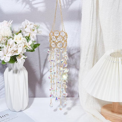 17.9In Crystal Wind Chimes Glass Crystal Suncatcher Prism Hanging Rainbow Maker Sun Catchers Octagonal Bead Chains Windchime for Window Hanging Ornaments Home Garden Decor Indoor Outdoor
