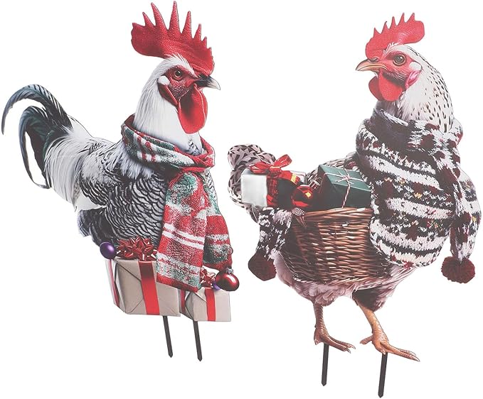 FILFEEL Metal Rooster Statue Ground Stake Iron Art Chicken Ornament for Lawn Garden Festival Decoration
