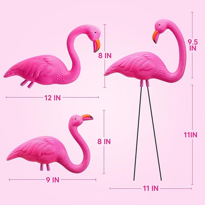 JOYIN 3 Pack Large Pink Flamingo Yard Decorations, Medium Plastic Lawn Flamingo Ornament Stakes with Rubber Coating Metal Legs for Yard, Garden, Luau Party Gift (11in x 20in)