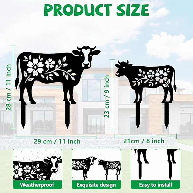 GLOBLELAND 2 Pcs Pattern Cow Garden Stakes Animals Metal Decorative Garden Stakes Metal Yard Signs Decoration for Lawn Patio Yard Garden Decor