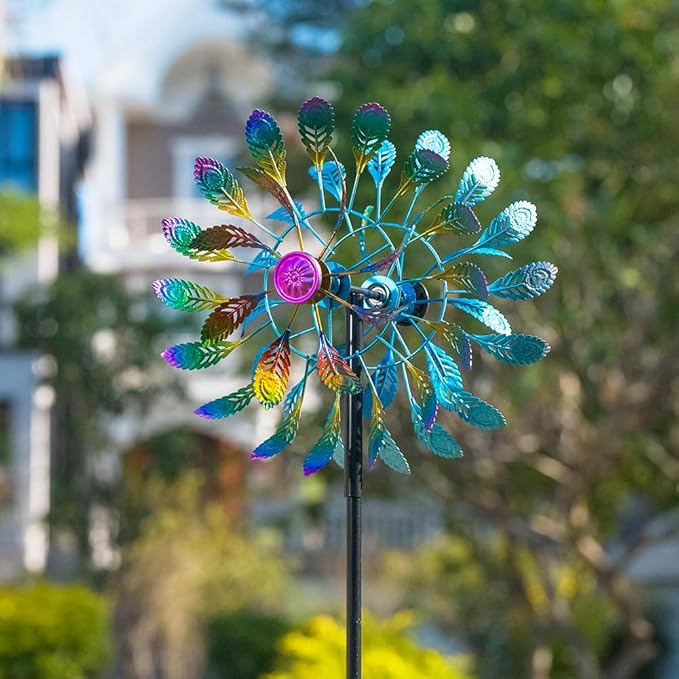 DREAMSOUL 64" Tall Peacock Feather Wind Spinners Outdoor 360° Rotation Metal Windmill for Yard Kinetic Wind Spinner
