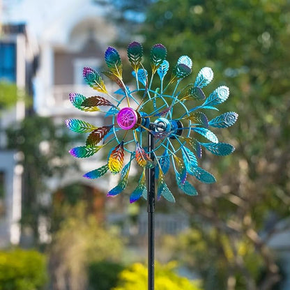 DREAMSOUL 64" Tall Peacock Feather Wind Spinners Outdoor 360° Rotation Metal Windmill for Yard Kinetic Wind Spinner