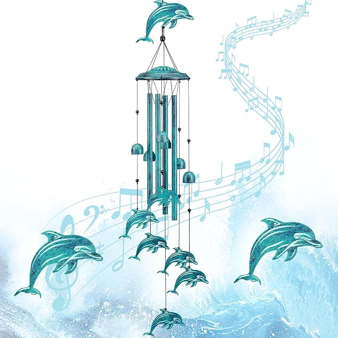 Dolphin Wind Chimes for Outside, Dolphin Gifts for Women Men Mom Grandma Birthday, 37" Windchimes Hanging Outdoors Garden Decor, Home Patio Garden Porch Yard Decorations (Blue-Dolphin)