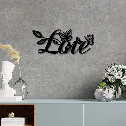 CREATCABIN Love Metal Wall Decor Hanging Letter Signs Iron Black Iron Rustic Love Word Leaves Butterfly Art Decoration Sign Cutout for Valentine's Day Home Office Living Room Walls 11.8 x 4.7 Inch