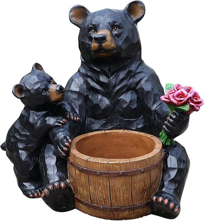 Black Bear Garden Statue Planter, Waterproof Outdoor Resin Animal Flower Pot, Yard Lawn Patio Decor, Front Porch Ornament Housewarming Gift(Mother and Baby Black Bear)