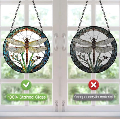 Dragonfly Suncatcher Stained Glass Window Hanging - 8″ Handmade Dragonflies Plant Suncatchers for Windows Hanging - Sun Catchers Christmas Decorations Glass Panel - Birthday Gifts for Women Men Mom