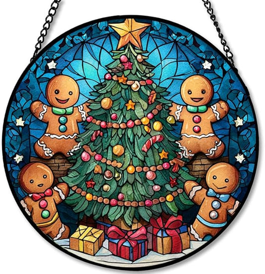Stained Glass Window Hanging - 11.8in Gingerbread Men Decorating Christmas Tree Sun Catchers Panel for Indoor Decorative Display for Mom,Wife,Lovers,Festive