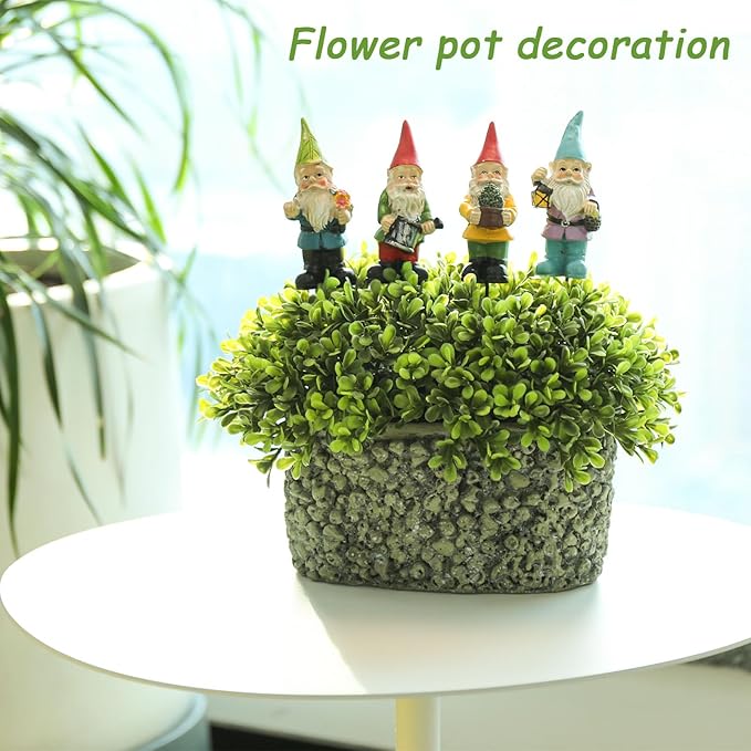 Garden Gnome Statue, Resin Miniature Gnome Set of 4PCS, Figurine with Garden Stakes for Lawn Patio Yard Outdoor Home Decor