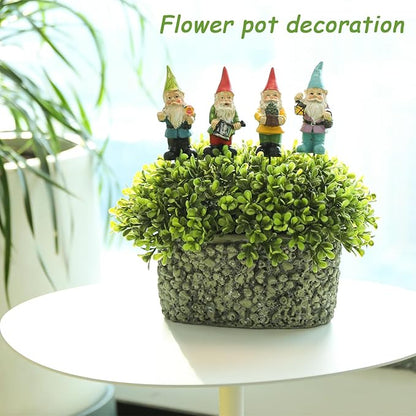 Garden Gnome Statue, Resin Miniature Gnome Set of 4PCS, Figurine with Garden Stakes for Lawn Patio Yard Outdoor Home Decor