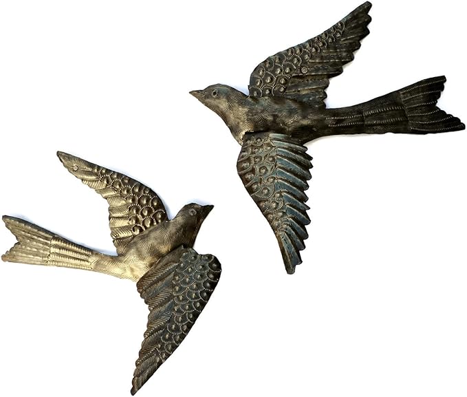 Set of 2 Garden Birds, Spring Home Accent Decor, 3D Wings, Metal Wall Hanging, Indoor Outdoor Display, Handmade 11 x 13 Inches