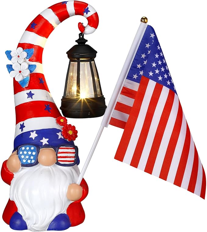 VIHOSE 12 Inch 4th of July Patriotic Gnomes Statues 250th Anniversary Gnome Outdoor Figurine Lights for Outside Lawn Ornaments Garden Porch Patio Balcony Yard Fourth of July Gifts for Mom Women