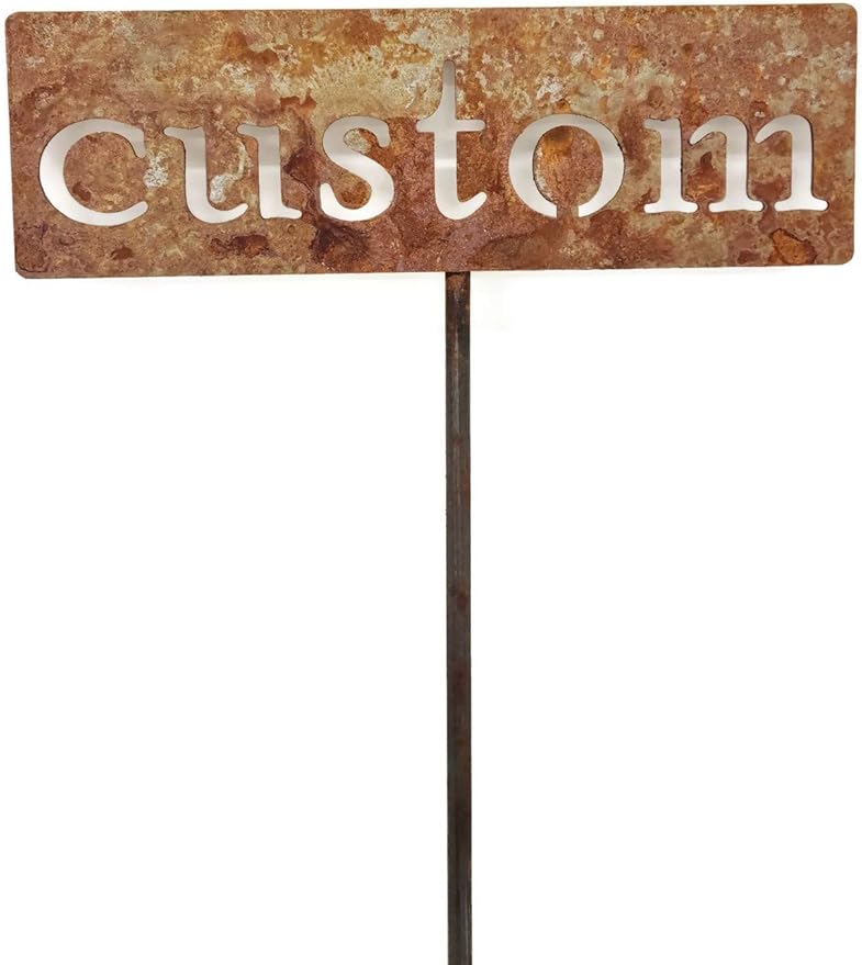 Classic Metal Garden Markers 19 Inches Tall (Custom Text, Naturally Rusted)