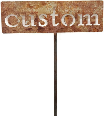 Classic Metal Garden Markers 19 Inches Tall (Custom Text, Naturally Rusted)