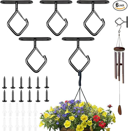 Black Ceiling Plant Hooks with Safety Buckle, Heavy Duty Metal Hangers for Indoor Outdoor, 6 Pack, Hanging Plants Wind Chimes Bird Feeders
