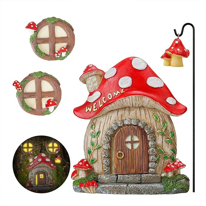 Fairy Garden Decor Fairy Door and Windows for Trees, Glow in The Dark Yard Sculpture Lawn Ornament Mini Garden Art Outdoor Decor Accessories with Lantern (B)