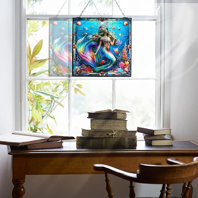 Mermaid Stained Glass Window Hanging Sun Catcher Halloween Haning Ornament Decoration Christmas Birthday Gifts for Lover and Mother's Day 20cm/7.87inch