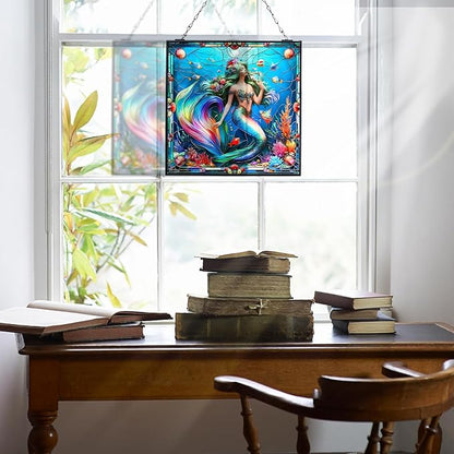 Mermaid Stained Glass Window Hanging Sun Catcher Halloween Haning Ornament Decoration Christmas Birthday Gifts for Lover and Mother's Day 20cm/7.87inch