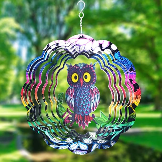 Owl Wind Spinner, 3D Kinetic Art with Sparkling Glitter, 12 Inch Multi-Layer Stainless Steel Garden Decor, Weatherproof Yard Spinner for Patio, Porch, Indoor Holiday Decoration