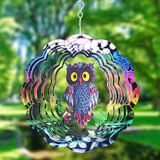 Owl Wind Spinner, 3D Kinetic Art with Sparkling Glitter, 12 Inch Multi-Layer Stainless Steel Garden Decor, Weatherproof Yard Spinner for Patio, Porch, Indoor Holiday Decoration