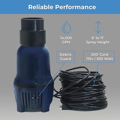 Custom Pro FT 14000 GPH Floating Pond Fountain & Aearator | Complete Kit with 14,000 GPH Pump, 200 Foot Power Cord, 3 Spray Styles and More | 100% USA-Based Customer Service and Warranty Support!