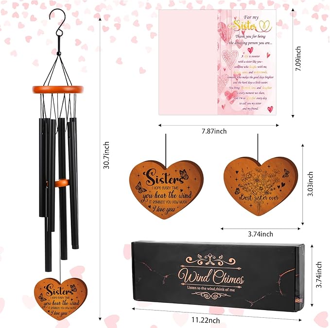 Sister Gifts Wind Chimes for Outside - Metal Windchime with Wooden Heart Pendant, Greeting Card & Black Gift Box - Birthday for Sister from Sister, Garden Patio Hanging Decor