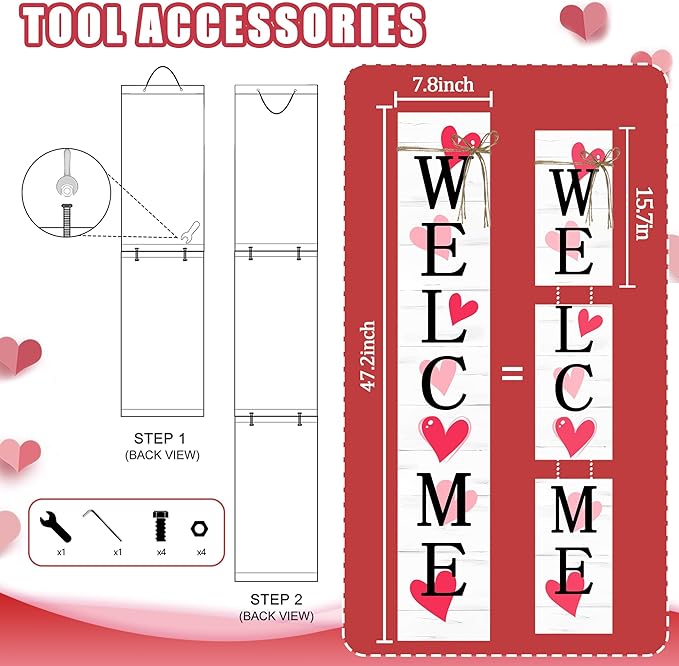 Valentine's Day Wooden Porch Sign 47" Spring Large Welcome Porch Sign for Home Front Door Yard Couple Party Decor (Red)