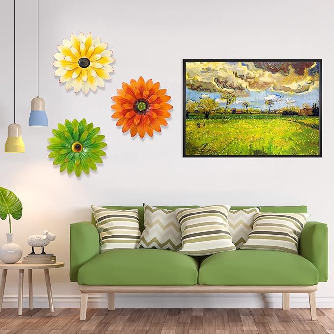 Hotop 3 Pcs Metal Flower Wall Art 3D Metal Daisy Wall Decor Multiple Layer Hanging Flower Rustic Farmhouse Boho Style Decorations for Indoor Outdoor Home Living Room Office Garden, 8 Inches(Classic)
