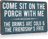 Front Porch Signs Decor Outdoor Aluminum Metal Tin Sign Vintage Camping Decorations, 12" X 16" Come Sit On The Porch with Me Funny Sayings