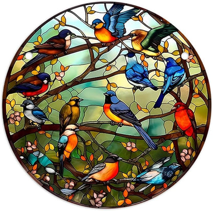 Stained Glass Window Hanging Suncatcher – Paint Cardinal & Hummingbird Panel, Round Glass Ornament, Birds on a Branch Nature Decor, Colorful Gift for Bird Lovers, Family, and Friends 5.9x5.9 in