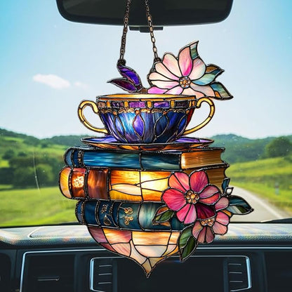Floral Coffee Cup and Books Acrylic Suncatcher Stained Glass Effect Window Car Hanging Christmas Ornament Indoor Outdoor Decor Garden Sun Catcher Panel for Book Lover for Women Mom Grandma
