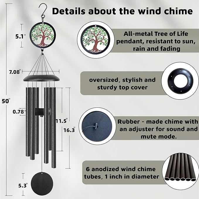 Windchimes in Memory of a Loved One - 50-Inch Extra-Long Style,6 Thick Tubes, Tree of Life Design, Soothing Deep Tone Suitable for Garden Decora, Sincere Sympathy Gifts to Grief and Honor Loved Ones
