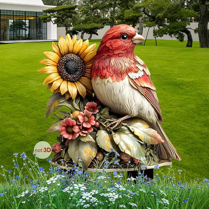 Garden Stake Decor, Acrylic 2D Flat Cute Animal Statue, Fairy Sculptures Ornament Indoor Outdoor Yard Lawn Pot Plant Decorative Accessories (Sunflower&Bird)