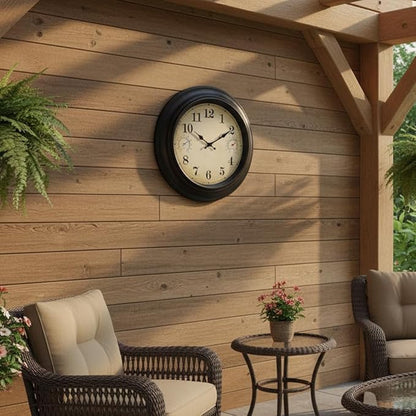 18 Inch Large Outdoor Wall Clock with Thermometer & Hygrometer, Waterproof Retro Bronze Garden Clock for Patio, Pool, Backyard, Farmhouse Decor, Silent Non-Ticking