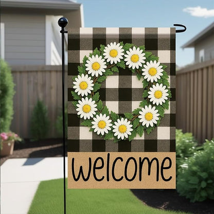 Buffalo Plaid Welcome Wreath Garden Flag 12x18 Double Sided Daisy Flower Flag Rustic Spring Summer Decor for Porch Patio Lawn Farmhouse Seasonal Small Yard Farmhouse Holiday Outdoor