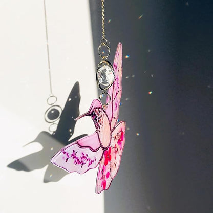 Pink Acrylic Hummingbird Flowers Garden Suncatcher Window Hanging Crystal Prism Rainbow Maker Sun Catcher Ornaments Birthday Christmas Thanksgiving Gifts for Mom Grandma Sister Birds Lovers