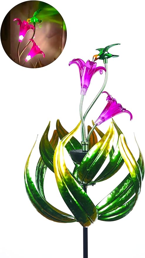 Solar Hummingbird Tulips 69 Inch Wind Catcher for Yard Kinetic Wind Spinner with Garden, Metal Windmill-Kinetic Garden Decoration, 360 Swivel Hummingbird Tulips Outdoor Wind Sculpture Spinners