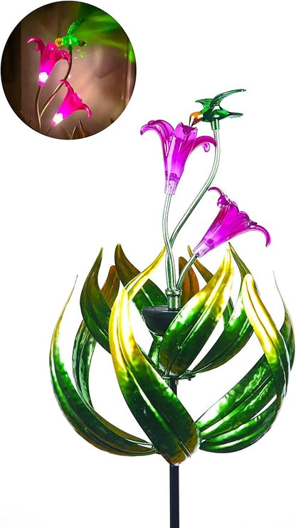 Solar Hummingbird Tulips 69 Inch Wind Catcher for Yard Kinetic Wind Spinner with Garden, Metal Windmill-Kinetic Garden Decoration, 360 Swivel Hummingbird Tulips Outdoor Wind Sculpture Spinners