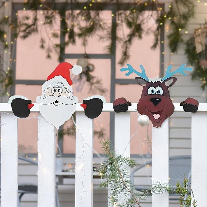 HUYIENO 2pcs Christmas Metal Fence Peeker Decoration Santa & Reindeer Fence Yard Sign Cute Outdoor Christmas Decor for Yards, Patios, Lawn, Pathway, Parking Holiday Decor Art Ornament