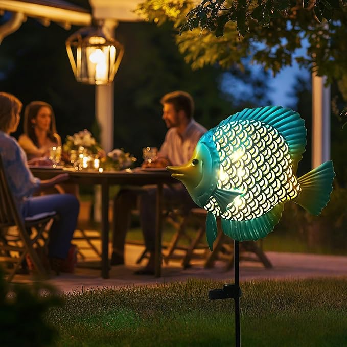 HONGLAND Solar Pathway Lights, Outdoor Solar Powered Garden Lights with Warm Yellow LED, Metal Fish Design Stake for Lawn, Yard, Patio and Landscape Decoration (Waterproof)