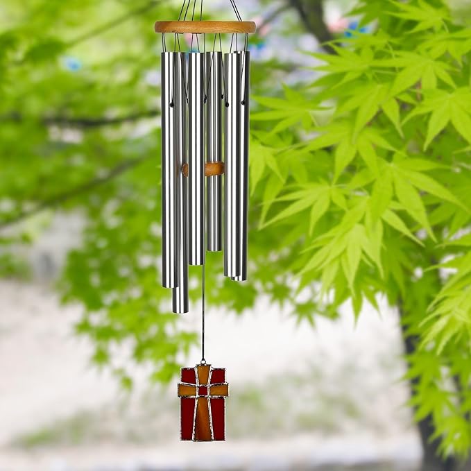 Woodstock Wind Chimes for Outside, Outdoor Decor, Garden, Patio and Front Porch Decor, (28") Memorial Sympathy Wind Chimes Amazing Grace Wind Chime Stained Glass Cross Christmas Gifts (AGS)