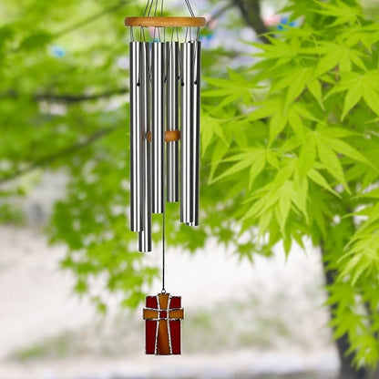 Woodstock Wind Chimes for Outside, Outdoor Decor, Garden, Patio and Front Porch Decor, (28") Memorial Sympathy Wind Chimes Amazing Grace Wind Chime Stained Glass Cross Christmas Gifts (AGS)