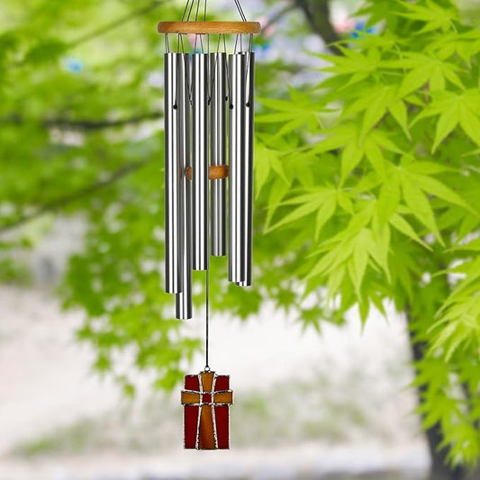 Woodstock Wind Chimes for Outside, Outdoor Decor, Garden, Patio and Front Porch Decor, (28") Memorial Sympathy Wind Chimes Amazing Grace Wind Chime Stained Glass Cross Christmas Gifts (AGS)