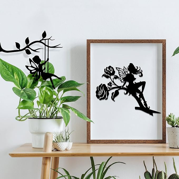 Hotop 3 Pcs Fairy Garden Silhouette Stakes Decoration Metal Fairy Silhouette Statue Butterfly Flower Tree Branch Wall Ornaments for Indoor Outdoor Home Yard Patio Lawn
