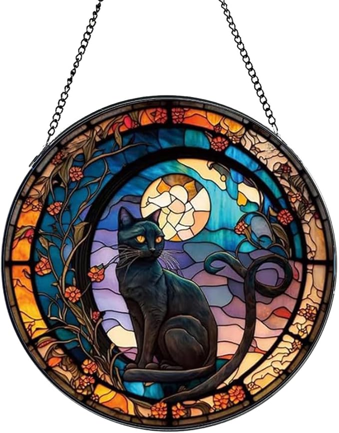 Black Cat Stained Glass Window Hanging,7.87’’ Stained Glass Suncatcher for Window for Cat Lovers,Hanging Ornaments Round Women Gifts for Family Friends, Housewarming Gift (A Style)