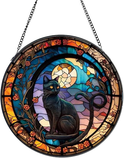 Black Cat Stained Glass Window Hanging,7.87’’ Stained Glass Suncatcher for Window for Cat Lovers,Hanging Ornaments Round Women Gifts for Family Friends, Housewarming Gift (A Style)