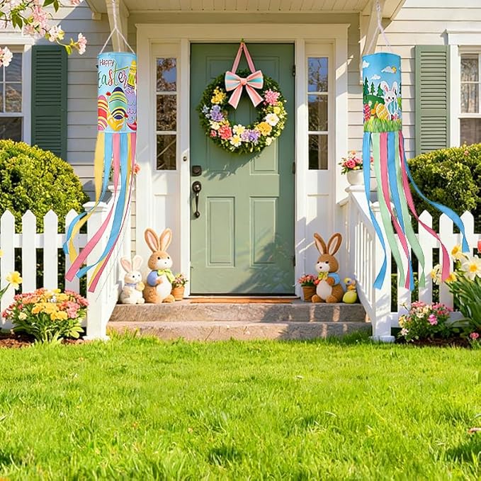 2Pack 40 Inch Spring Easter Windsock, Bunny Outdoor Holiday Windsock Flags Decorations for Yard Garden Home Party Hanging Decor