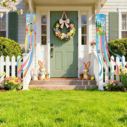 2Pack 40 Inch Spring Easter Windsock, Bunny Outdoor Holiday Windsock Flags Decorations for Yard Garden Home Party Hanging Decor