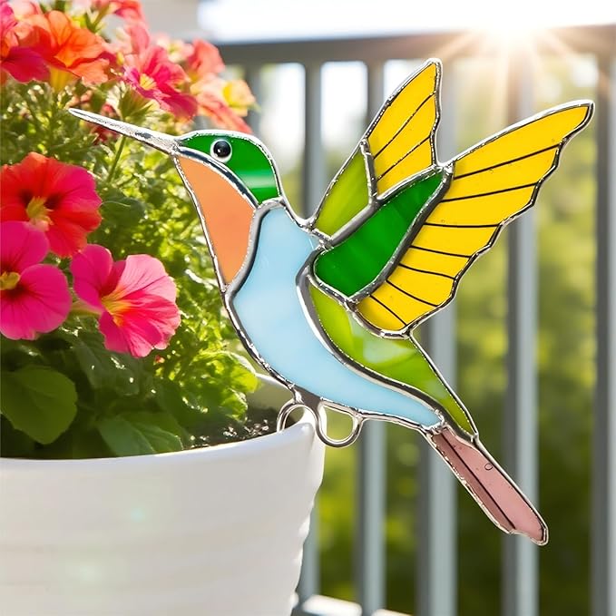 Stained Glass Hummingbird Gifts for Women, Hanging Plant Planter Flower Huggers Balcony Decoration, Mothers Day Birthday Gifts for Mom Grandma from Daughter Son, Bird Lover Plant Pots Accessories