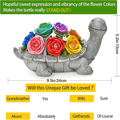 Solar Garden Decor Turtle with Rose and 7 LED Lights - Outdoor Decor Tortoise Statue for Patio, Balcony, Yard Ornament, Unique Gifts for Mom.