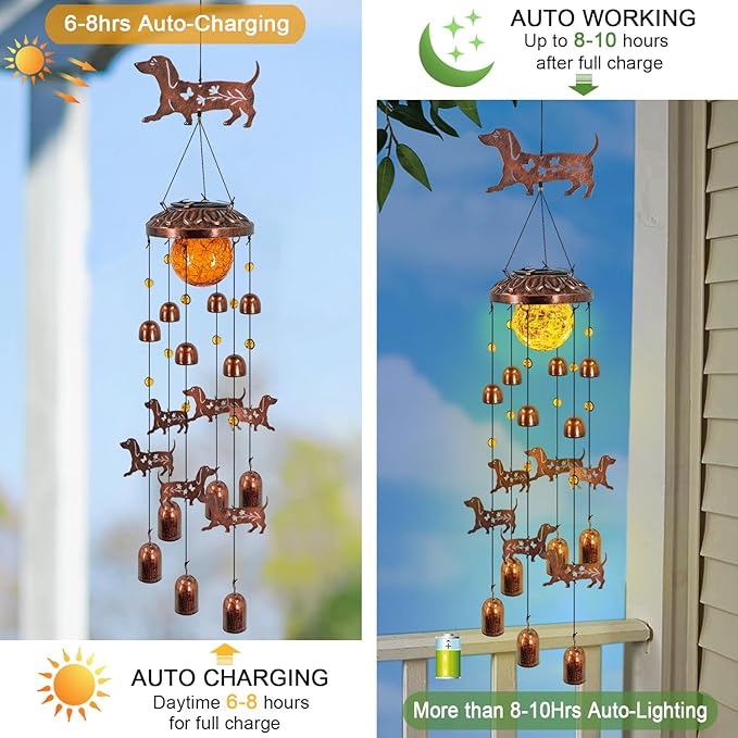 Dachshund Solar Wind Chimes for Outside,Metal Dog WindChimes with Cracked Glass Lights,Hanging Solar Lights Outdoor,Yard,Patio,Garden,Porch Decor